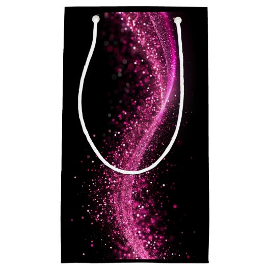 ピンクのシークインの光沢のある紙バッグは黒 スモールペーパーバッグ (正面)