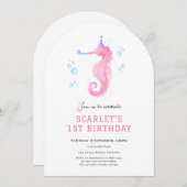 ピンクのシーホース海の下の最初の誕生日 招待状 (正面/裏面)