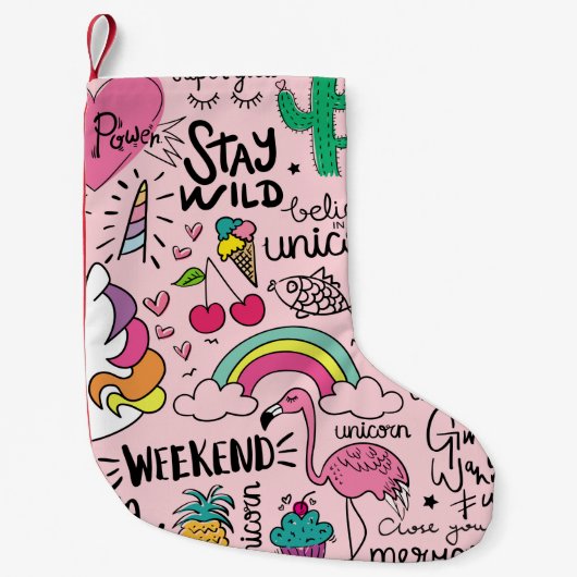 ピンクのシームレスな繰り返しスケッチにカワイイを搭載 スモールクリスマスストッキング (正面)