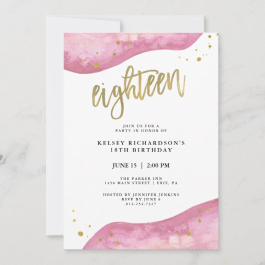 ピンクのジオードとフェイク金ゴールドルック| 18誕生日 招待状 (正面)