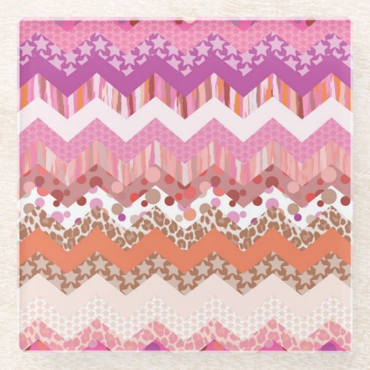 ピンクのジグザグ背景 ガラスコースター (正面)