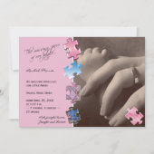 ピンクのジグソーパズルの写真のベビーの発表 案内状 (正面)