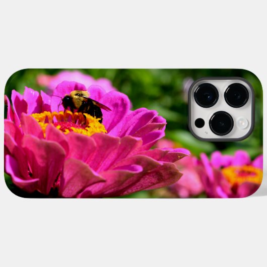 ピンクのジニアとハチミツ蜂 ピンクの花 かわいい蜂 Case-Mate iPhoneケース (裏面 (横))
