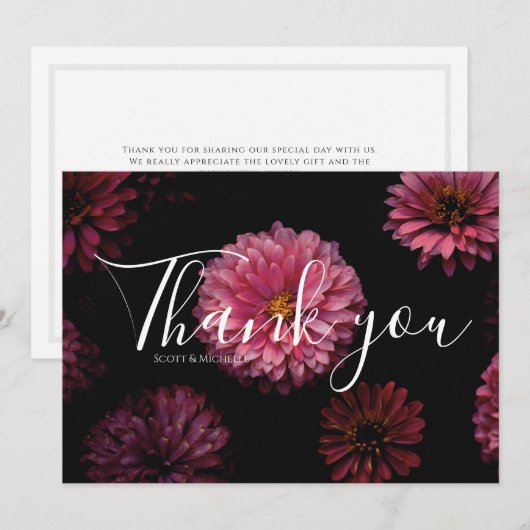 ピンクのジニアの花の結婚式の御礼カード サンキューカード (正面/裏面)