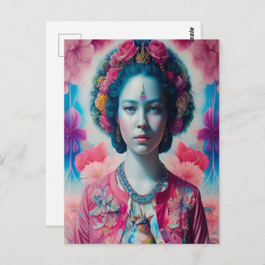 ピンクのジャケットを持つ青い花の王女 ポストカード (正面/裏面)