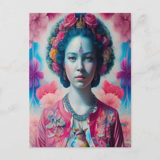 ピンクのジャケットを持つ青い花の王女 ポストカード (正面)