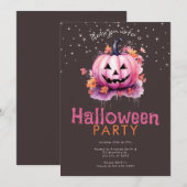 ピンクのジャック・オ・ランタンが星に囲まれるハロウィンパーティー 招待状 (正面/裏面)