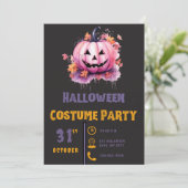 ピンクのジャック・オ・ランタンと黒のハロウィーンの葉 招待状 (スタンド正面)