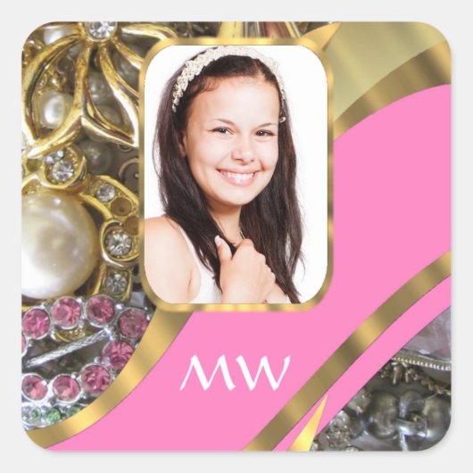 ピンクのジュエリーパーソナライズされた背景 スクエアシール (正面)