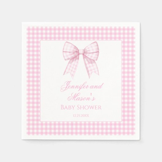 ピンクのジンガム弓リボン赤ちゃん女の子シャワー スタンダードカクテルナプキン (正面)