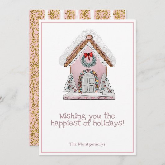 ピンクのジンジャーブレッドのクリスマスカード 招待状 (正面/裏面)