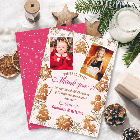 ピンクのジンジャーブレッドの雪のクリスマス パーティー 2 の写真 サンキューカード