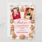 ピンクのジンジャーブレッドの雪のクリスマス パーティー 2 の写真 サンキューカード (正面)