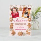ピンクのジンジャーブレッドの雪のクリスマス パーティー 2 の写真 サンキューカード (スタンド正面)