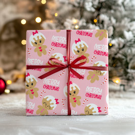 ピンクのジンジャーブレッドガールのクリスマス包装紙 ラッピングペーパー