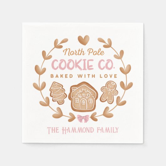 ピンクのジンジャーブレッドクリスマスクッキーのファミリー名 スタンダードカクテルナプキン (正面)
