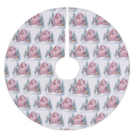 ピンクのジンジャーブレッドハウスの装飾 ブラッシュドポリエステルツリースカート