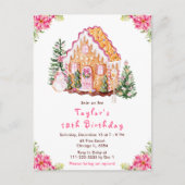 ピンクのジンジャーブレッドハウスの誕生日パーティー ポストカード (正面)