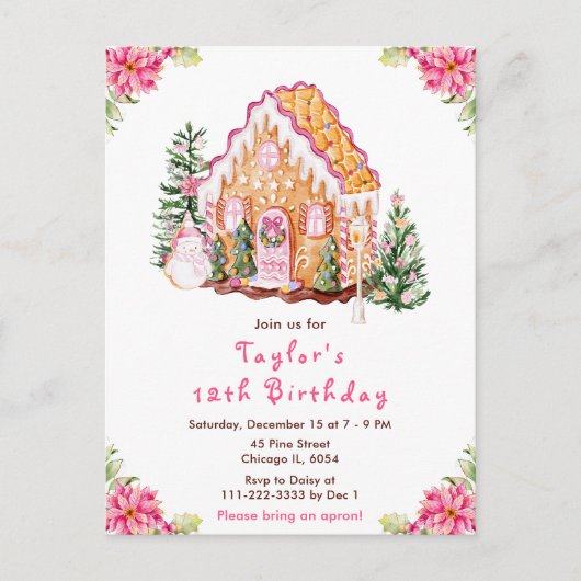 ピンクのジンジャーブレッドハウスの誕生日パーティー ポストカード (正面)