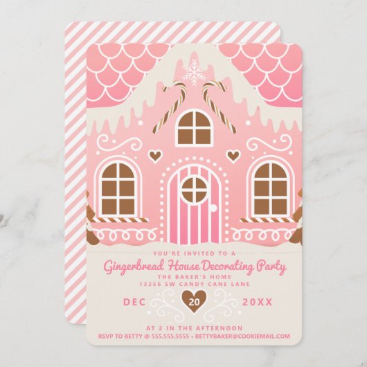 ピンクのジンジャーブレッドハウスの飾り付けパーティー招待状 招待状 (正面/裏面)