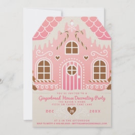 ピンクのジンジャーブレッドハウスの飾り付けパーティー招待状 招待状