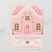 ピンクのジンジャーブレッドハウスの飾り付けパーティー招待状 招待状 (正面/裏面)