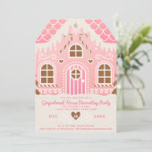 ピンクのジンジャーブレッドハウスの飾り付けパーティー招待状 招待状 (スタンド正面)