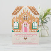ピンクのジンジャーブレッドハウスの飾り付けパーティー 招待状 (スタンド正面)