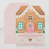 ピンクのジンジャーブレッドハウスの飾り付けパーティー 招待状 (正面/裏面)