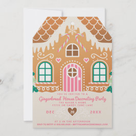 ピンクのジンジャーブレッドハウスの飾り付けパーティー 招待状