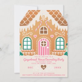 ピンクのジンジャーブレッドハウスの飾り付けパーティー 招待状
