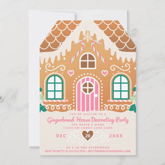 ピンクのジンジャーブレッドハウスの飾り付けパーティー 招待状 (正面)