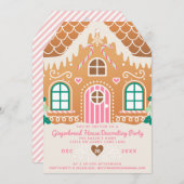 ピンクのジンジャーブレッドハウスの飾り付けパーティー 招待状 (正面/裏面)