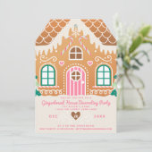 ピンクのジンジャーブレッドハウスの飾り付けパーティー 招待状 (スタンド正面)