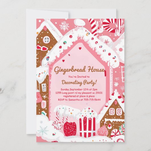ピンクのジンジャーブレッドハウスの飾り付けパーティー 招待状 (正面)
