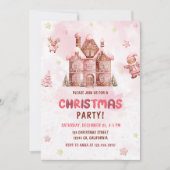 ピンクのジンジャーブレッドハウスクリスマスパーティー 招待状 (正面)