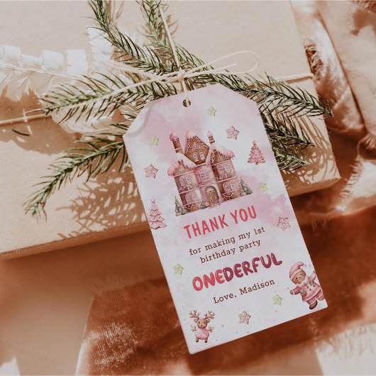 ピンクのジンジャーブレッドハウス クリスマス ファーストバースデー ギフトタグ
