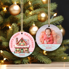 ピンクのジンジャーブレッドハウス 赤ちゃんの初めてのクリスマス セラミックオーナメント