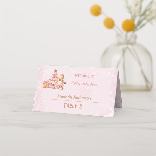 ピンクのジンジャーブレッド女の子クリスマスベビーシャワーテント プレイスカード (正面)
