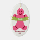 ピンクのジンジャーブレッド子供の緑のバナー名ベビー最初 セラミックオーナメント (右)