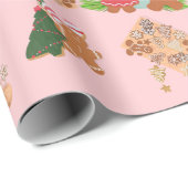 ピンクのジンジャーブレッド+シュガークッキーのクリスマスギフトラップ ラッピングペーパー (ロールコーナー)