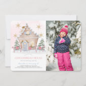 ピンクのジンジャーブレッ飾ドハウスの誕生日写真 招待状 (正面)