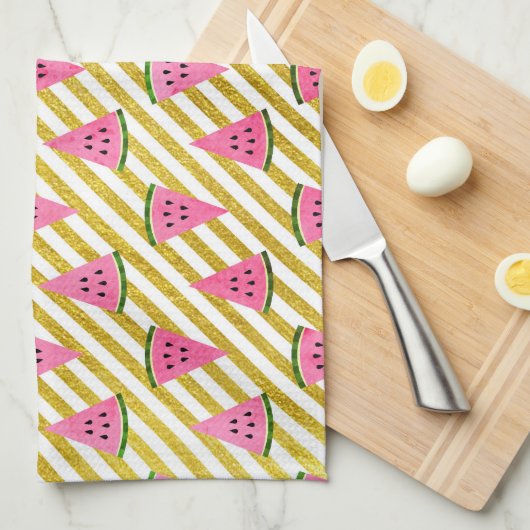 ピンクのスイカと黄色のストライプ夏のパターン キッチンタオル (四つ折り)