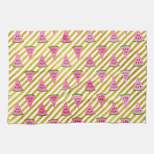 ピンクのスイカと黄色のストライプ夏のパターン キッチンタオル (横)