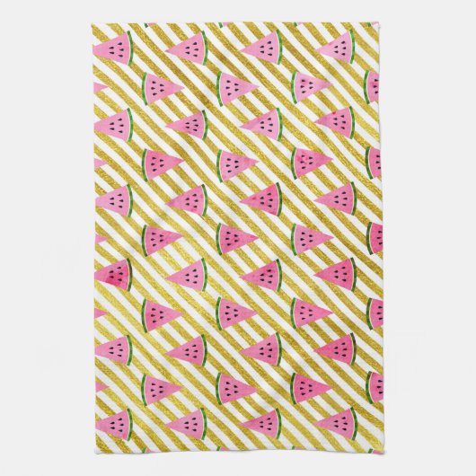 ピンクのスイカと黄色のストライプ夏のパターン キッチンタオル (縦)