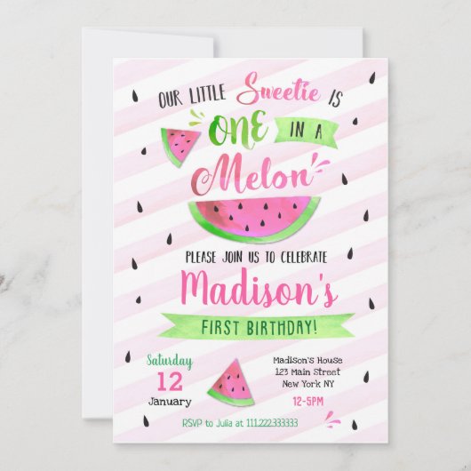 ピンクのスイカの誕生日のパーティの招待状 招待状 (正面)