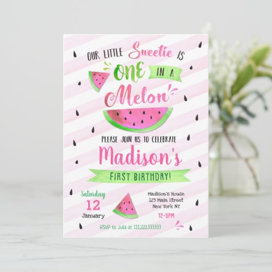 ピンクのスイカの誕生日のパーティの招待状 招待状 (スタンド正面)