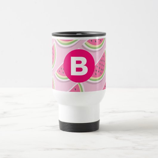 ピンクのスイカ模様の円モノグラム トラベルマグ (中央)