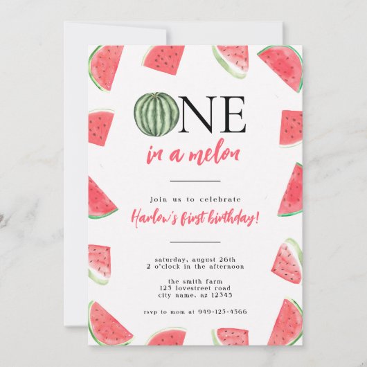 ピンクのスイカ1つメロンの最初の誕生日 招待状 (正面)
