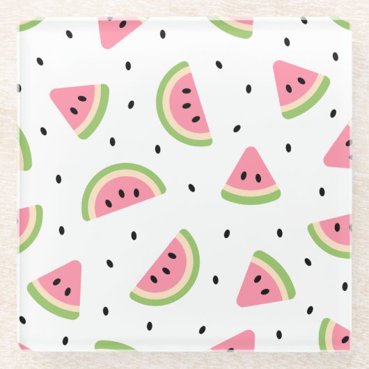 ピンクのスイカ、スイカの種子、夏のパターン ガラスコースター (正面)